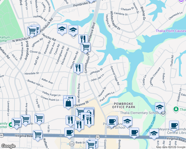 map of restaurants, bars, coffee shops, grocery stores, and more near 509 Jonathan Court in Virginia Beach