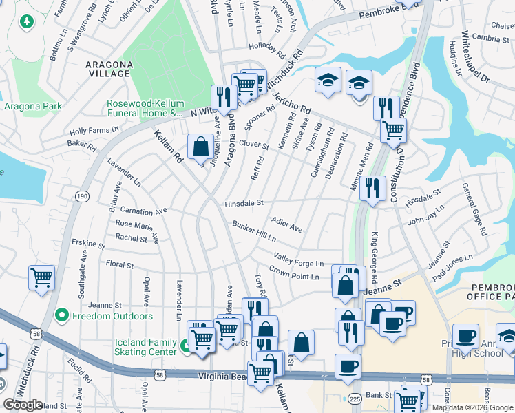 map of restaurants, bars, coffee shops, grocery stores, and more near 4809 Hinsdale Street in Virginia Beach
