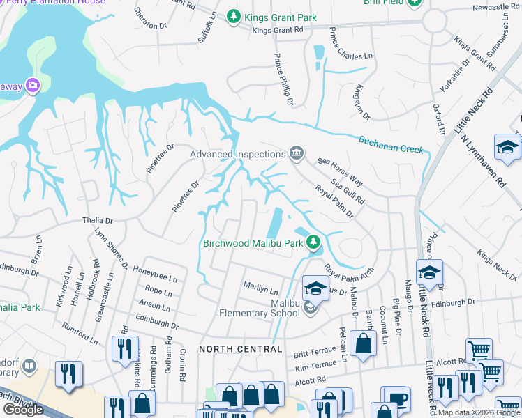 map of restaurants, bars, coffee shops, grocery stores, and more near 632 Robens Road in Virginia Beach