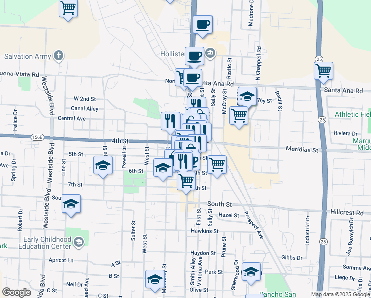 map of restaurants, bars, coffee shops, grocery stores, and more near 400 San Benito Street in Hollister