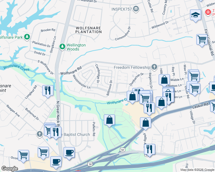 map of restaurants, bars, coffee shops, grocery stores, and more near 707 Tilden Place in Virginia Beach