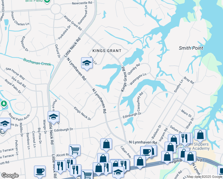 map of restaurants, bars, coffee shops, grocery stores, and more near 3213 Lorton Court in Virginia Beach