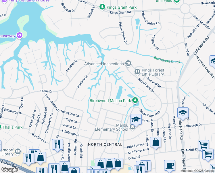 map of restaurants, bars, coffee shops, grocery stores, and more near 628 Caren Drive in Virginia Beach