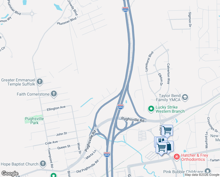 map of restaurants, bars, coffee shops, grocery stores, and more near 3109 Merrimac Court in Chesapeake