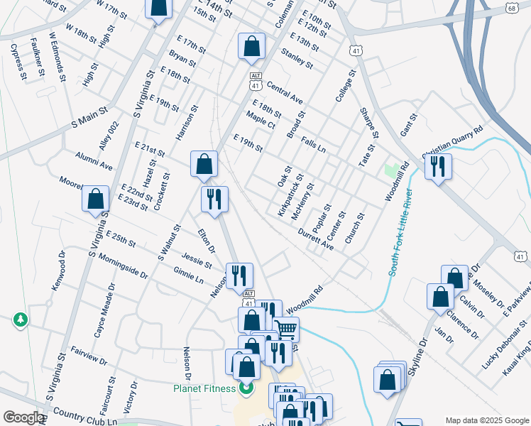 map of restaurants, bars, coffee shops, grocery stores, and more near 2199 Oak Street in Hopkinsville