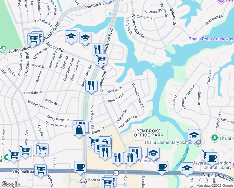 map of restaurants, bars, coffee shops, grocery stores, and more near 504 Schuyler Road in Virginia Beach
