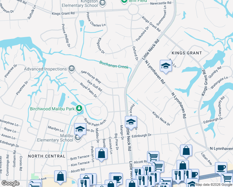 map of restaurants, bars, coffee shops, grocery stores, and more near 3412 Sea Gull Road in Virginia Beach