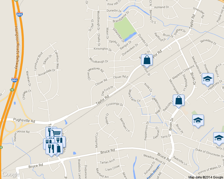 map of restaurants, bars, coffee shops, grocery stores, and more near 4359 One Ford Place in Chesapeake