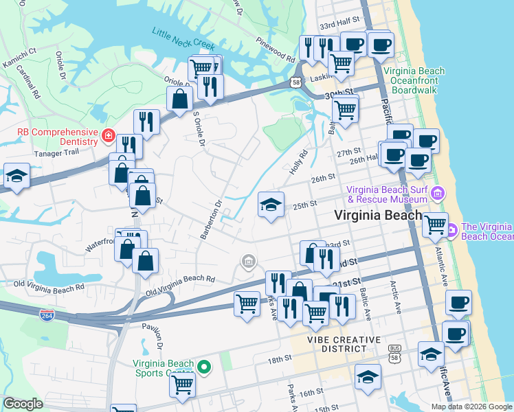 map of restaurants, bars, coffee shops, grocery stores, and more near 735 25th Street in Virginia Beach