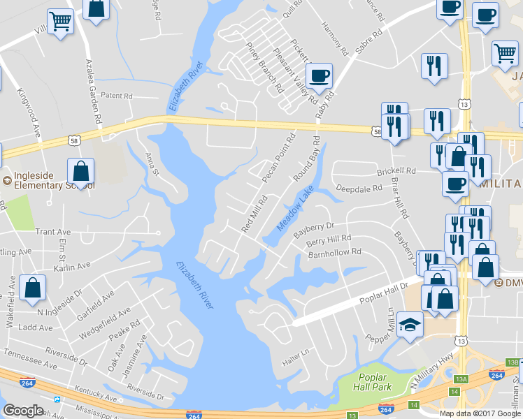 map of restaurants, bars, coffee shops, grocery stores, and more near 738 Red Mill Road in Norfolk