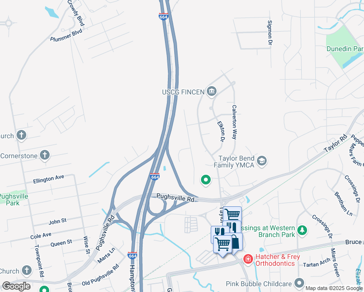 map of restaurants, bars, coffee shops, grocery stores, and more near 3624 Mardean Drive in Chesapeake