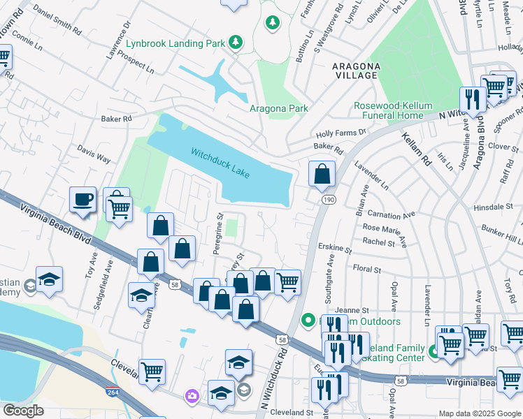 map of restaurants, bars, coffee shops, grocery stores, and more near 509 Babney Court in Virginia Beach