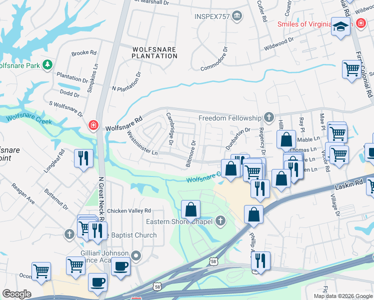 map of restaurants, bars, coffee shops, grocery stores, and more near 707 Tilden Place in Virginia Beach