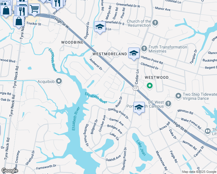 map of restaurants, bars, coffee shops, grocery stores, and more near 5161 Castle Way in Portsmouth