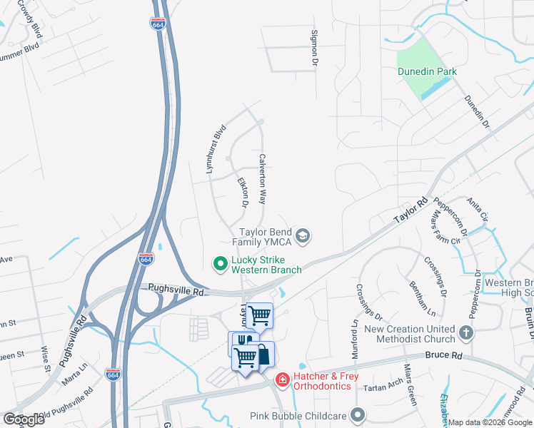 map of restaurants, bars, coffee shops, grocery stores, and more near 3529 Calverton Way in Chesapeake