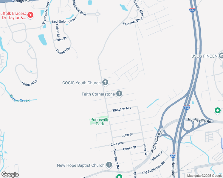 map of restaurants, bars, coffee shops, grocery stores, and more near 4416 Miles Avenue in Suffolk