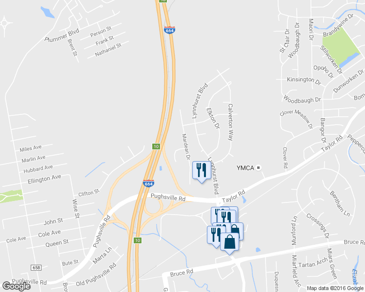 map of restaurants, bars, coffee shops, grocery stores, and more near 3624 Mardean Drive in Chesapeake