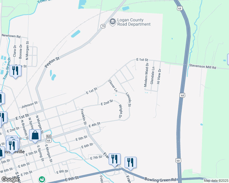 map of restaurants, bars, coffee shops, grocery stores, and more near 113-121 Tyler Street in Russellville