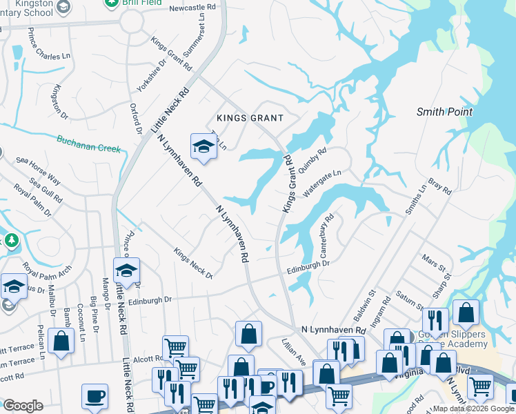 map of restaurants, bars, coffee shops, grocery stores, and more near 3213 Lorton Court in Virginia Beach