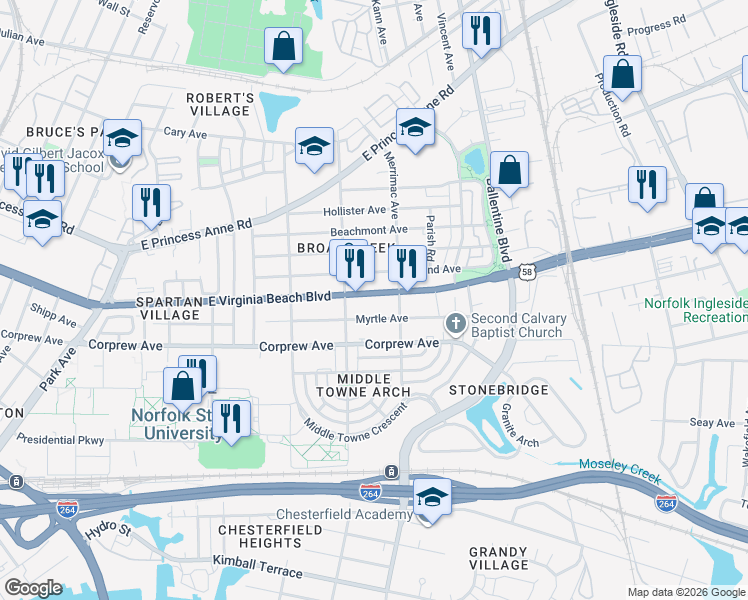 map of restaurants, bars, coffee shops, grocery stores, and more near 2821 East Virginia Beach Boulevard in Norfolk