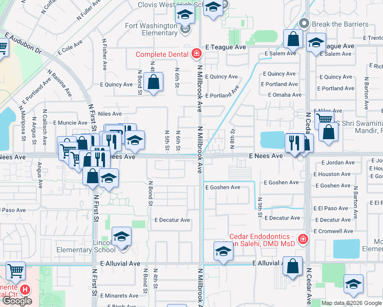 map of restaurants, bars, coffee shops, grocery stores, and more near None in Fresno