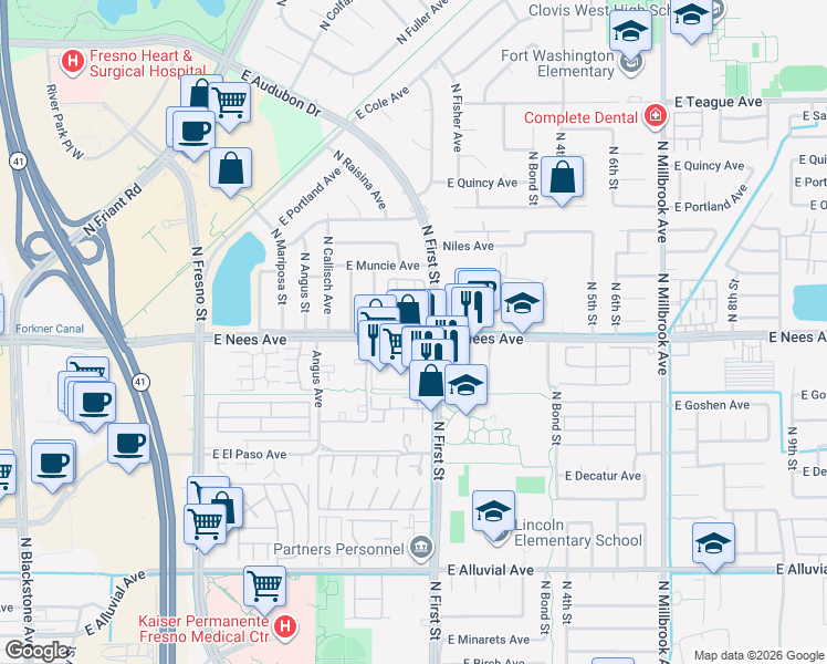 map of restaurants, bars, coffee shops, grocery stores, and more near 540 East Nees Avenue in Fresno