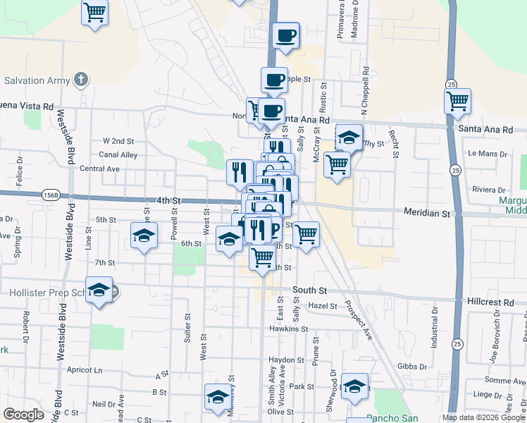 map of restaurants, bars, coffee shops, grocery stores, and more near in Hollister
