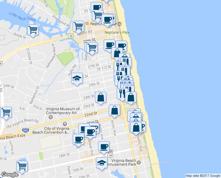 map of restaurants, bars, coffee shops, grocery stores, and more near 309 24th Street in Virginia Beach