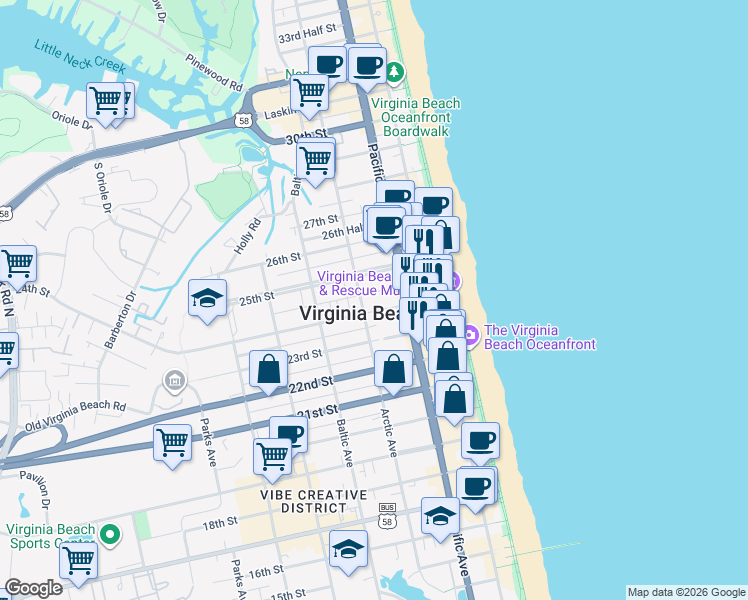 map of restaurants, bars, coffee shops, grocery stores, and more near in Virginia Beach
