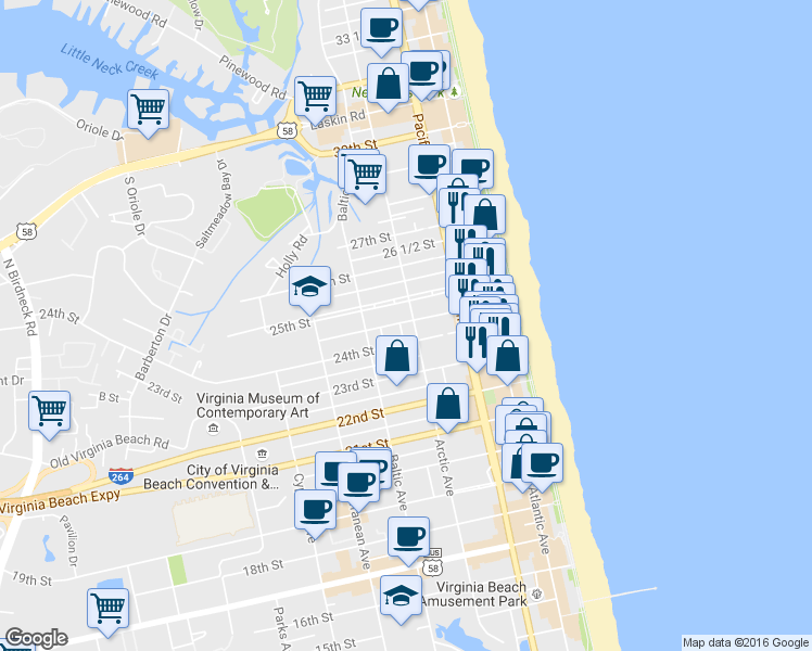 map of restaurants, bars, coffee shops, grocery stores, and more near in Virginia Beach
