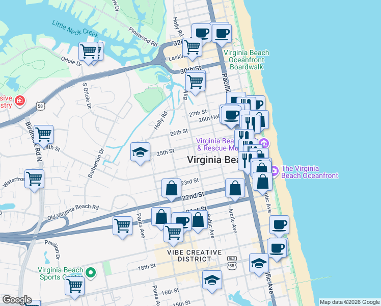 map of restaurants, bars, coffee shops, grocery stores, and more near 2407 Baltic Avenue in Virginia Beach
