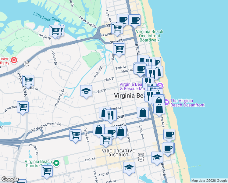map of restaurants, bars, coffee shops, grocery stores, and more near 527 24th 1/2 Street in Virginia Beach
