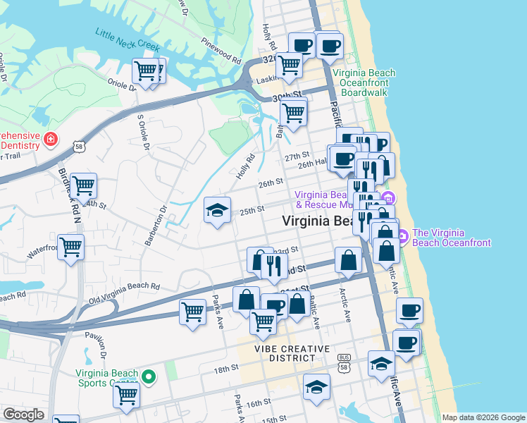 map of restaurants, bars, coffee shops, grocery stores, and more near 527 24th 1/2 Street in Virginia Beach