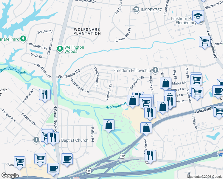 map of restaurants, bars, coffee shops, grocery stores, and more near 707 Tilden Place in Virginia Beach