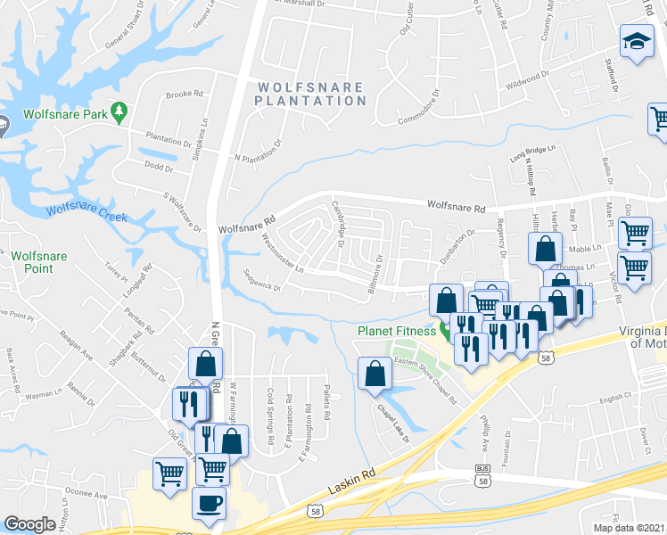 map of restaurants, bars, coffee shops, grocery stores, and more near 774 Westminster Lane in Virginia Beach
