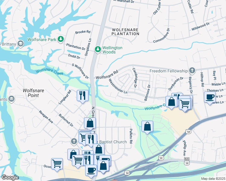 map of restaurants, bars, coffee shops, grocery stores, and more near 422 Sedgewick Court in Virginia Beach