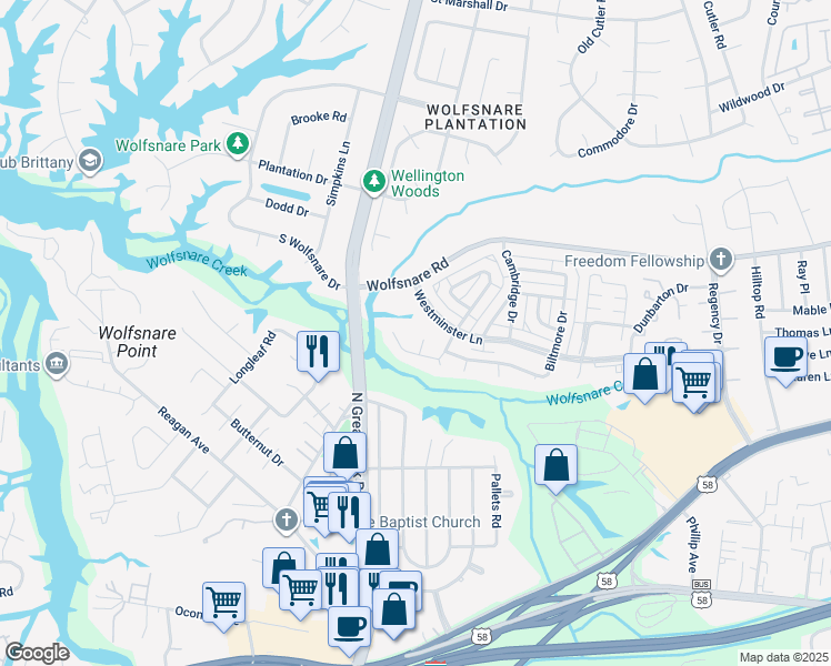 map of restaurants, bars, coffee shops, grocery stores, and more near 419 Sedgewick Court in Virginia Beach