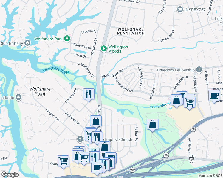 map of restaurants, bars, coffee shops, grocery stores, and more near 2431 Sedgewick Drive in Virginia Beach