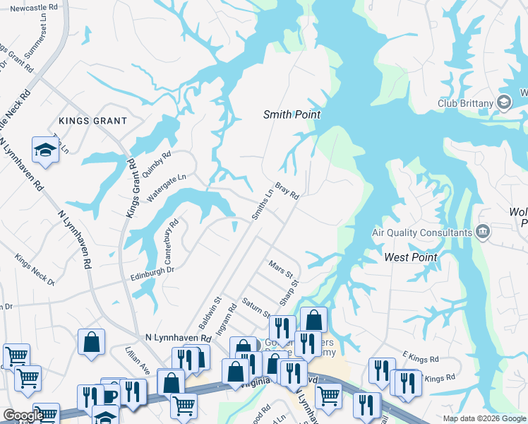 map of restaurants, bars, coffee shops, grocery stores, and more near 3000 Edinburgh Drive in Virginia Beach