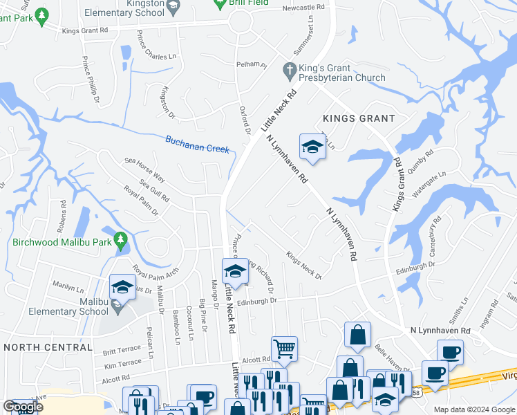 map of restaurants, bars, coffee shops, grocery stores, and more near 615 Alberthas Drive in Virginia Beach
