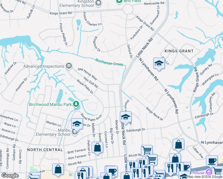 map of restaurants, bars, coffee shops, grocery stores, and more near 3412 Sea Gull Road in Virginia Beach