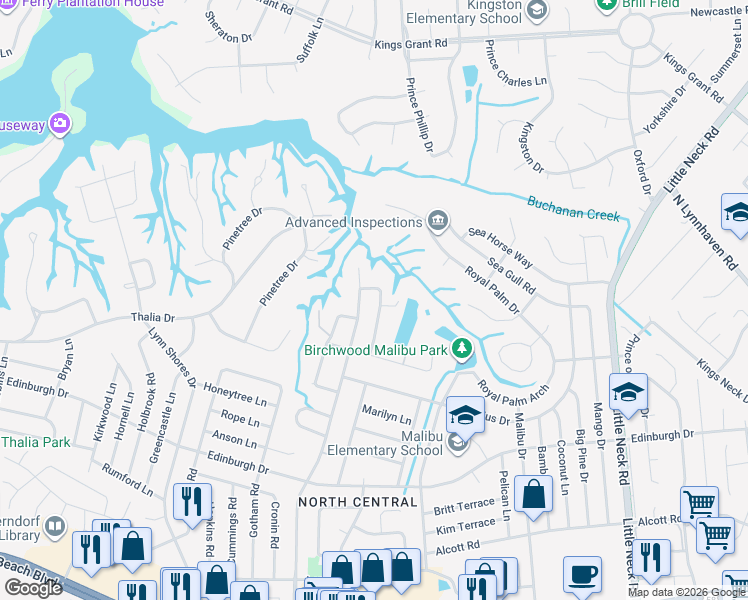 map of restaurants, bars, coffee shops, grocery stores, and more near 628 Caren Drive in Virginia Beach