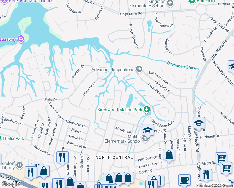 map of restaurants, bars, coffee shops, grocery stores, and more near 628 Caren Drive in Virginia Beach