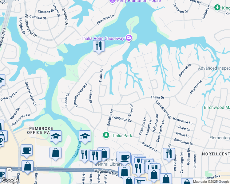 map of restaurants, bars, coffee shops, grocery stores, and more near 617 Greentree Drive in Virginia Beach