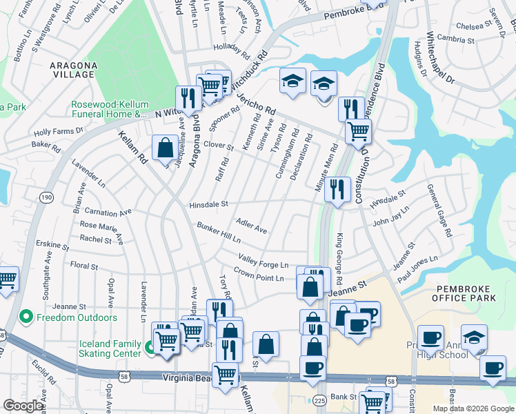 map of restaurants, bars, coffee shops, grocery stores, and more near 4725 Hinsdale Street in Virginia Beach