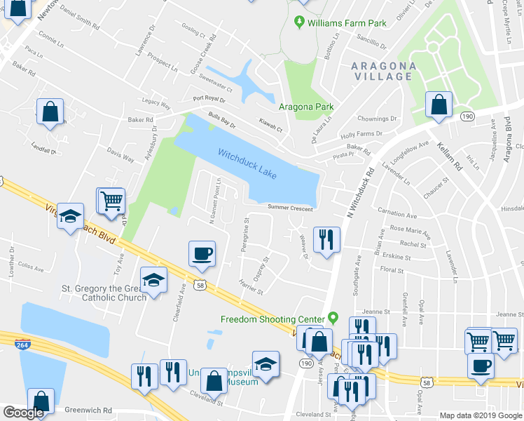 map of restaurants, bars, coffee shops, grocery stores, and more near 528 Peregrine Street in Virginia Beach
