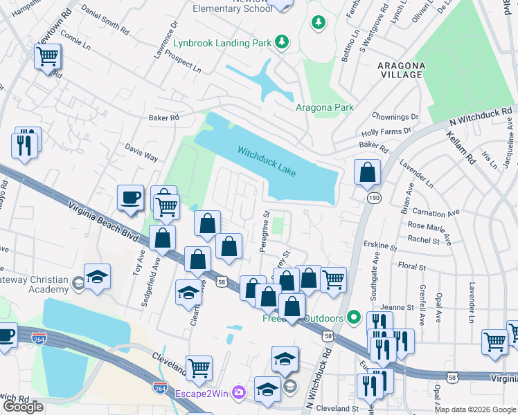 map of restaurants, bars, coffee shops, grocery stores, and more near 466 Peregrine Street in Virginia Beach