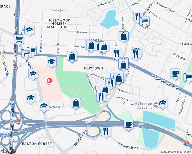 map of restaurants, bars, coffee shops, grocery stores, and more near 6582 Stoney Point North in Norfolk