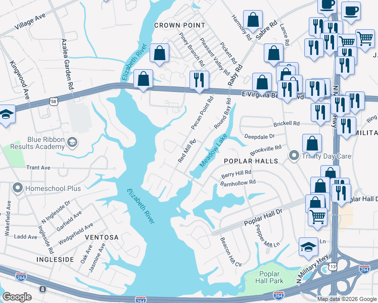 map of restaurants, bars, coffee shops, grocery stores, and more near 738 Red Mill Road in Norfolk
