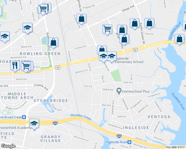 map of restaurants, bars, coffee shops, grocery stores, and more near 983 Scott Street in Norfolk
